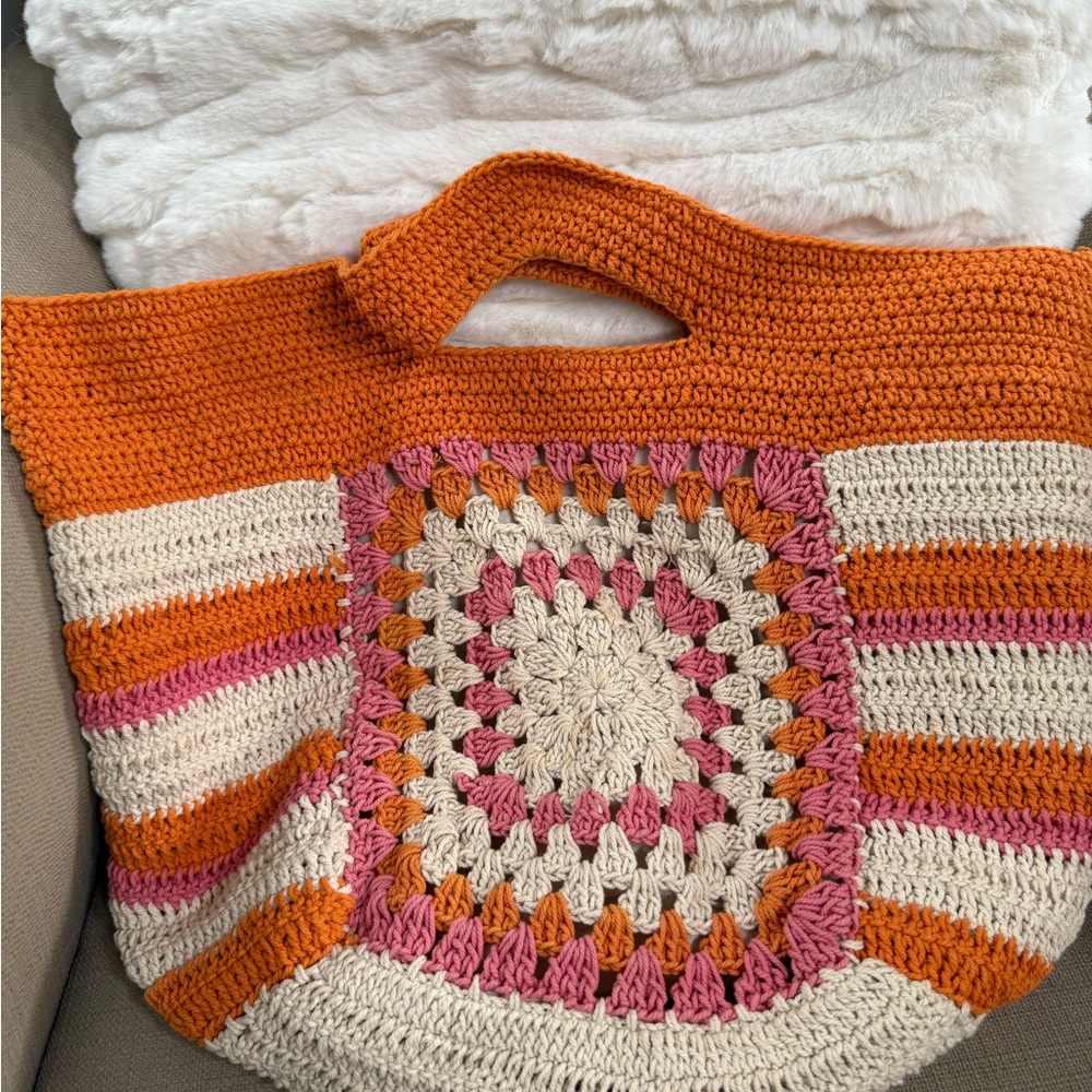 Anthropologie Orange and Pink Crochet Tote Bag